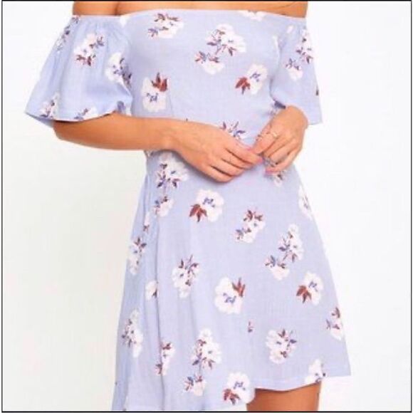 PrettyLittleThing Blue Off Shoulder Mini Dress Open Back Tie Floral Size 4 - Picture 1 of 10